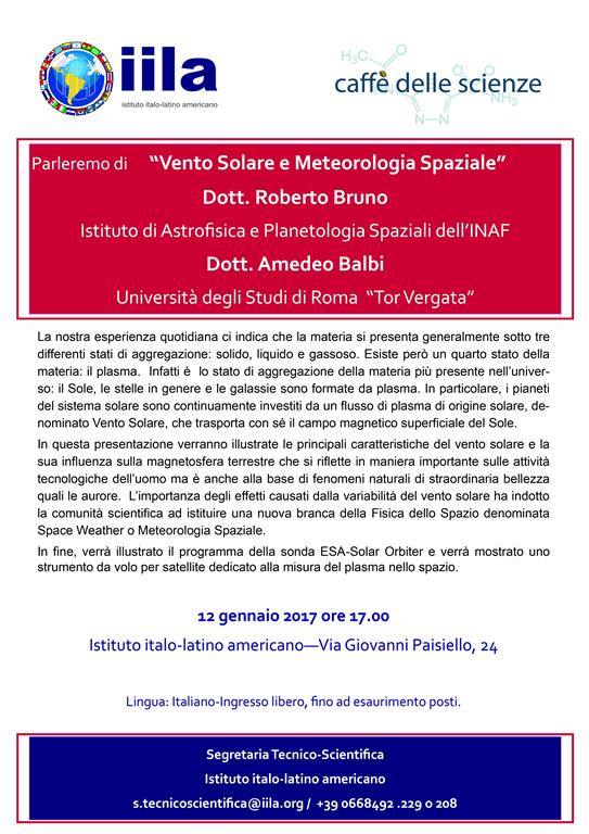 Vento solare e metereologia spaziale. IILA, 12 gennaio 2017